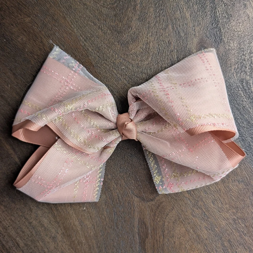 Pink, Taupe, Beige Hair Bow Clips Pink Gold Plaid Glitter